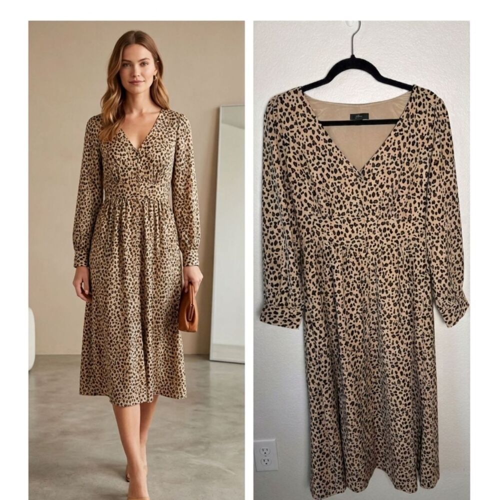 J. Crew Leopard Print Button Front A Line Midi Dress Size 4 Long Sleeve Animal